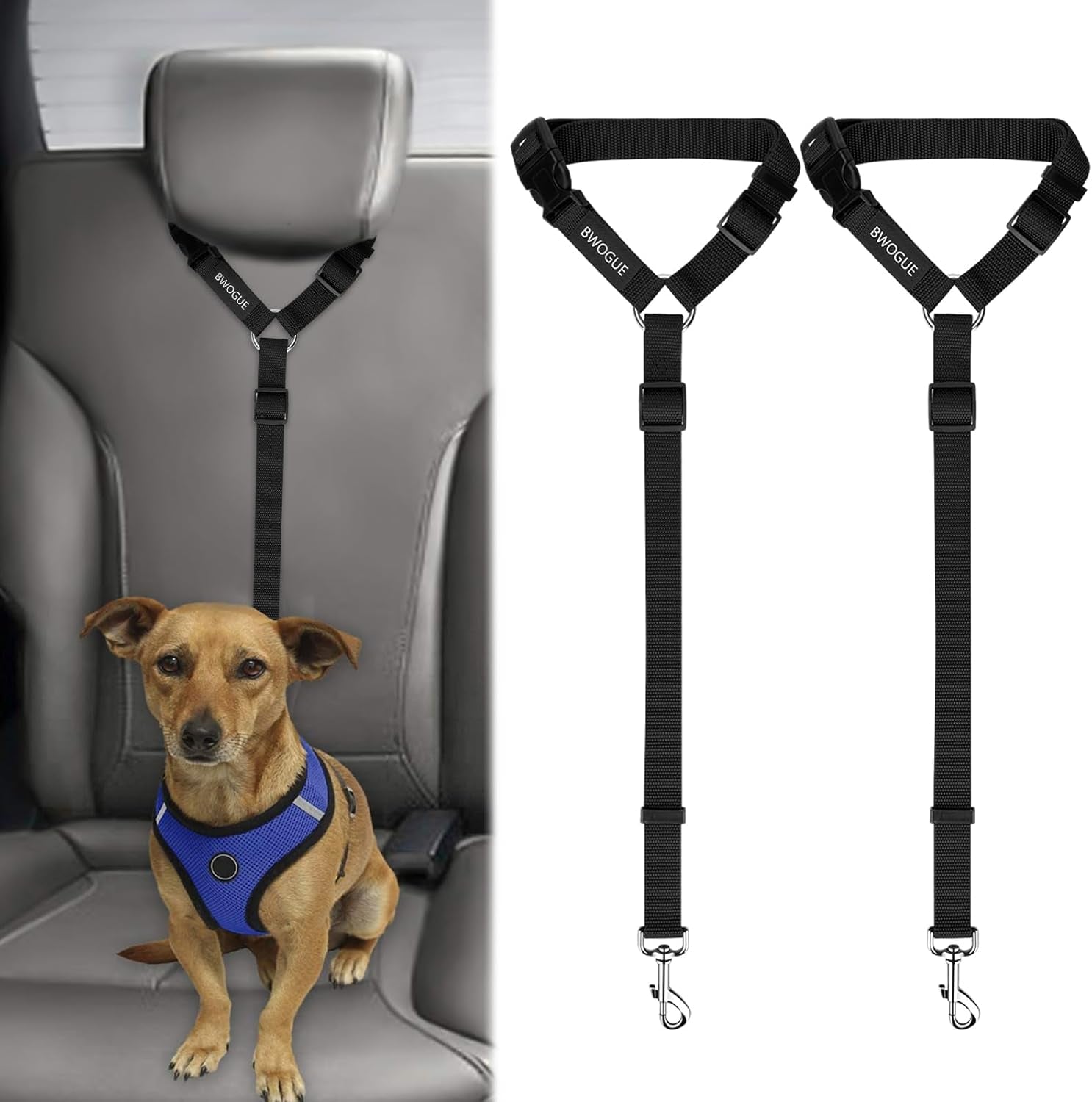 2 Packs Dog Cat Safety Seat Belt Strap Car Headrest Restraint Adjustable Nylon Fabric Dog Restraints Vehicle Seatbelts Harness