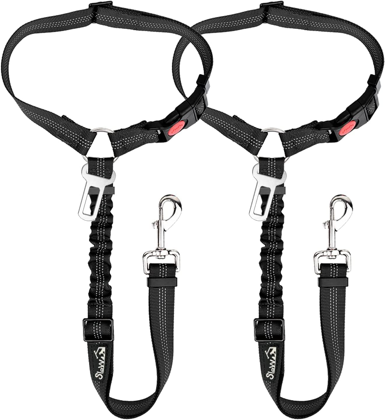 Dog Seat Belt for Car, 2 Pack Dog Car Harness Seatbelt Adjustable with Elastic Bungee Buffer, 2 in 1 Pet Car Leash Headrest Restraint Dog Reflective Safety Tether (Black, Headrest+Clip)